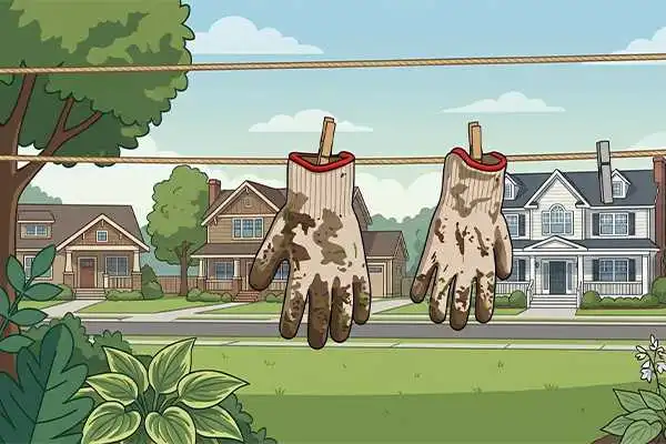 An illustration of a pair of dirty, mud-stained gardening gloves with red trim hanging to dry on an outdoor clothesline with wooden clothespins, set against a peaceful suburban neighborhood backdrop featuring green lawns, trees, houses, and a clear sky.