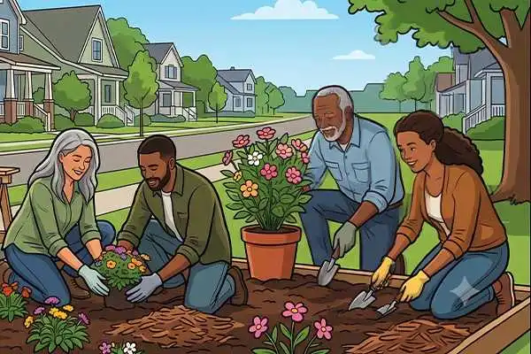 An illustration of a diverse group of four neighbors smiling as they garden together in a raised wooden flower bed in a suburban neighborhood, planting colorful flowers, tending to potted plants with hand trowels, and wearing gardening gloves under a bright blue sky.