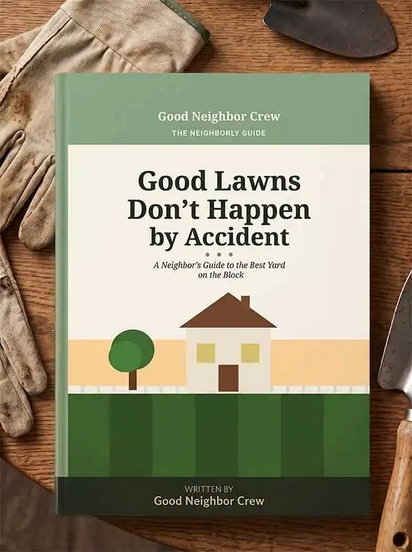 A hardcover book titled "Good Lawns Don't Happen by Accident: A Neighbor's Guide to the Best Yard on the Block" written by Good Neighbor Crew. The book cover features a clean, minimalist design with a sage green top and bottom header, a beige background, and a simple illustration of a green lawn, a white fence, a green tree, and a small brown house. The book is resting on a rustic wooden surface surrounded by gardening tools, including a pair of worn work gloves and a metal trowel.