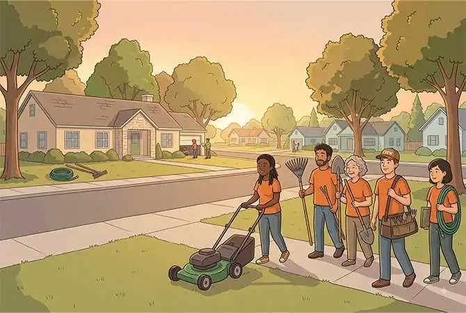 a warm illustration depicting a team of community volunteers in orange shirts walking together down a suburban sidewalk during sunset to provide neighborhood yard care. leading the group, a woman pushes a green lawn mower onto a grass lawn, followed by team members carrying rakes, shovels, garden hoses, and a tool bag slung over the shoulder, with quiet residential homes and mature trees bathed in glowing sunlight in the background.