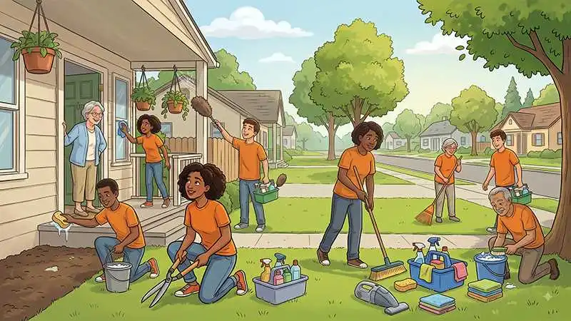 a detailed illustration depicting a team of volunteers in matching orange shirts helping an elderly homeowner with cleaning and maintaining the exterior of her house. on the porch, volunteers scrub the steps, wipe windows, and dust overhangs while the senior woman smiles from her doorway. in the yard, other helpers sweep the lawn with brooms, trim bushes with garden shears, and organize various cleaning supplies including spray bottles, sponges, buckets, and towels spread out across the green grass.
