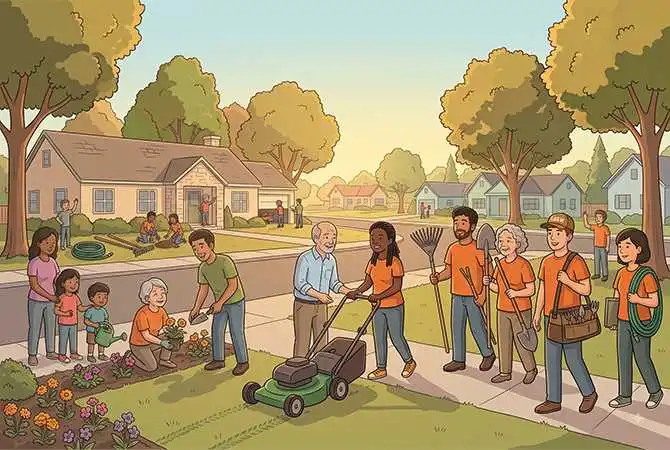 a sprawling, vibrant illustration depicting a large group of community volunteers working together along a sunny suburban residential street. in the foreground, a young woman in an orange shirt helps an elderly man guide a green push lawn mower, while nearby volunteers tend flower beds, plant flowers with children, and walk down the sidewalk equipped with rakes, shovels, garden hoses, and tool bags to maintain neighboring homes.