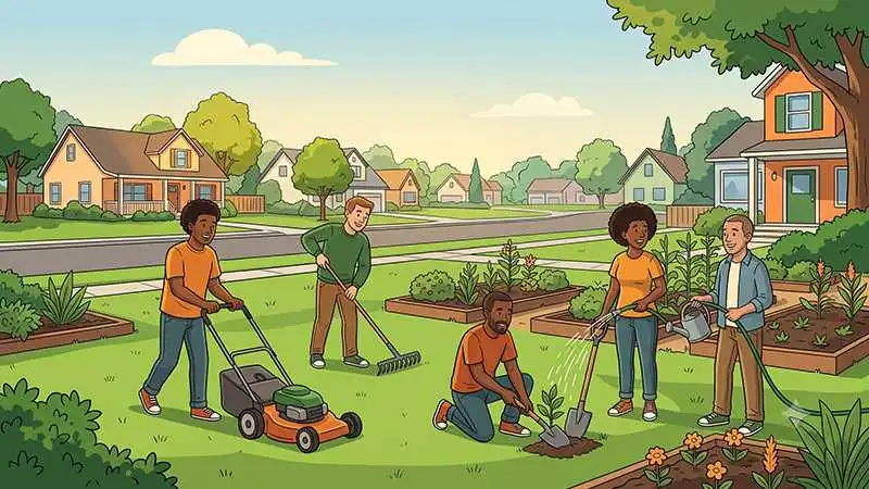 a colorful illustration depicting a group of five diverse volunteers working together to maintain a vibrant suburban front yard and community garden surrounded by residential houses. on the left, a young man pushes an orange lawn mower across the green grass while another rakes the lawn nearby. in the center, a man kneels to plant a small young sapling with a hand trowel, alongside a woman using a hose to water the garden beds and a man holding a metal watering can next to raised plant beds.
