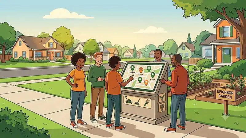 a vibrant illustration of neighbors gathered around an interactive outdoor digital kiosk in a suburban neighborhood, displaying a map with pinpoints marked crew alongside icons for a lawn mower, rake, paintbrush, and plants, with a neighbor garden bed visible in the background.