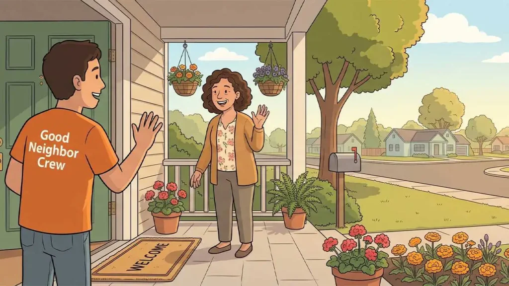 a friendly illustration depicting a young volunteer wearing an orange Good Neighbor Crew t-shirt standing at the open front door of a suburban house and waving to a smiling woman on her porch. the porch is decorated with hanging flower baskets, potted plants, and a welcome mat, overlooking a sunny residential street lined with green trees and neighboring houses.