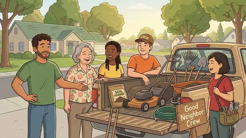 a cheerful illustration showing a group of friendly neighbors and volunteers gathered around the open bed of a pickup truck parked along a suburban street. the truck bed is loaded with landscaping equipment, including a lawn mower, rakes, a shovel, a wheelbarrow, a bag of soil, and a garden hose, alongside a wooden sign that reads Good Neighbor Crew. on the left, a man in a green shirt gestures welcomingly next to an elderly woman, while other team members wearing crew gear chat happily near the back of the vehicle.