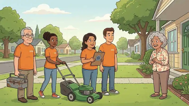 a bright illustration showing a team of four volunteers in matching orange crew shirts standing in a green front yard to assist an elderly woman standing on her front porch. the crew includes an older man holding a metal toolbox, a young woman pushing a green lawn mower, a woman holding a clipboard, and a young man standing beside her, all smiling warmly as the senior homeowner clasps her hands together in gratitude in front of her suburban home.