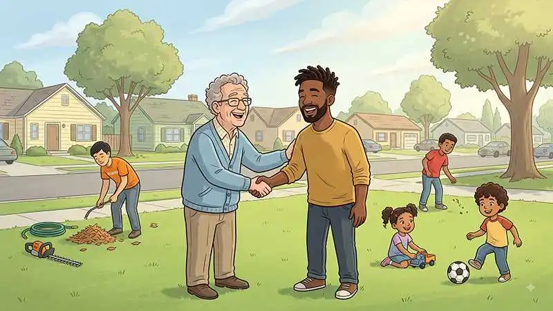 a cheerful illustration showing an elderly man wearing glasses and a light blue cardigan shaking hands warmheartedly with a young man in a yellow long-sleeve shirt in the middle of a green front lawn. in the background, a volunteer rakes leaves near a hose and hedge trimmer, while children play freely in the yard—one kicking a soccer ball, one playing with a toy truck, and another running nearby—all set against a peaceful suburban street lined with houses and trees.