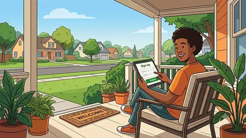 a warm illustration of a person sitting relaxed in a wooden patio chair on a front porch while using a tablet device displaying a digital sign up form with a green submit button. surrounded by potted green plants and a welcome mat, the porch overlooks a peaceful suburban neighborhood with manicured lawns, trees, and residential houses under a clear blue sky.
