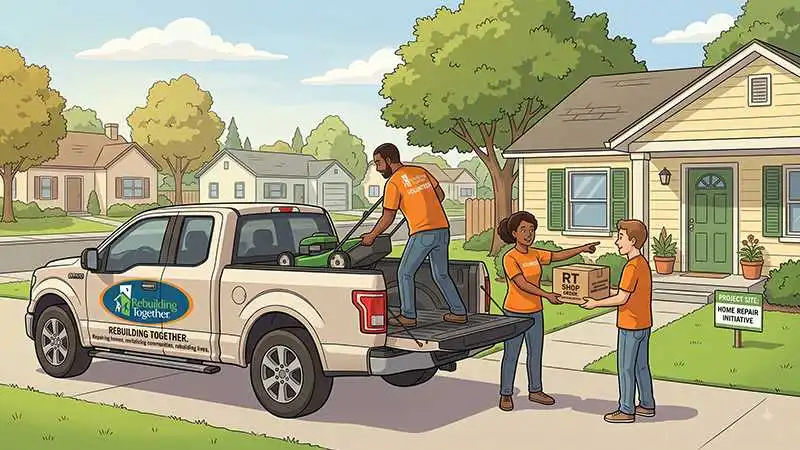 an illustration depicting Rebuilding Together volunteers unloading equipment and supplies from a branded pickup truck parked in front of a suburban home marked with a project site sign for a home repair initiative. on the truck bed, a man in an orange volunteer shirt is unloading a green lawn mower, while two volunteers beside the vehicle hand off a cardboard supply box near the walkway leading to the house's front porch.
