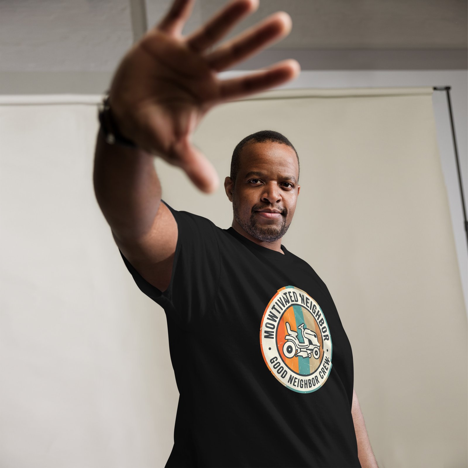"Mowtivated Neighbor" Retro Badge Tee - Image 2