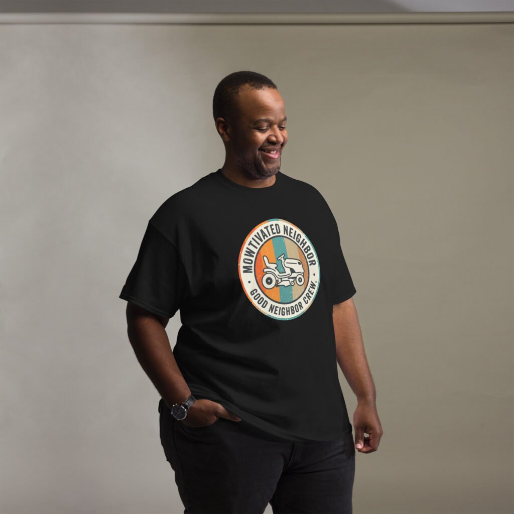 "Mowtivated Neighbor" Retro Badge Tee
