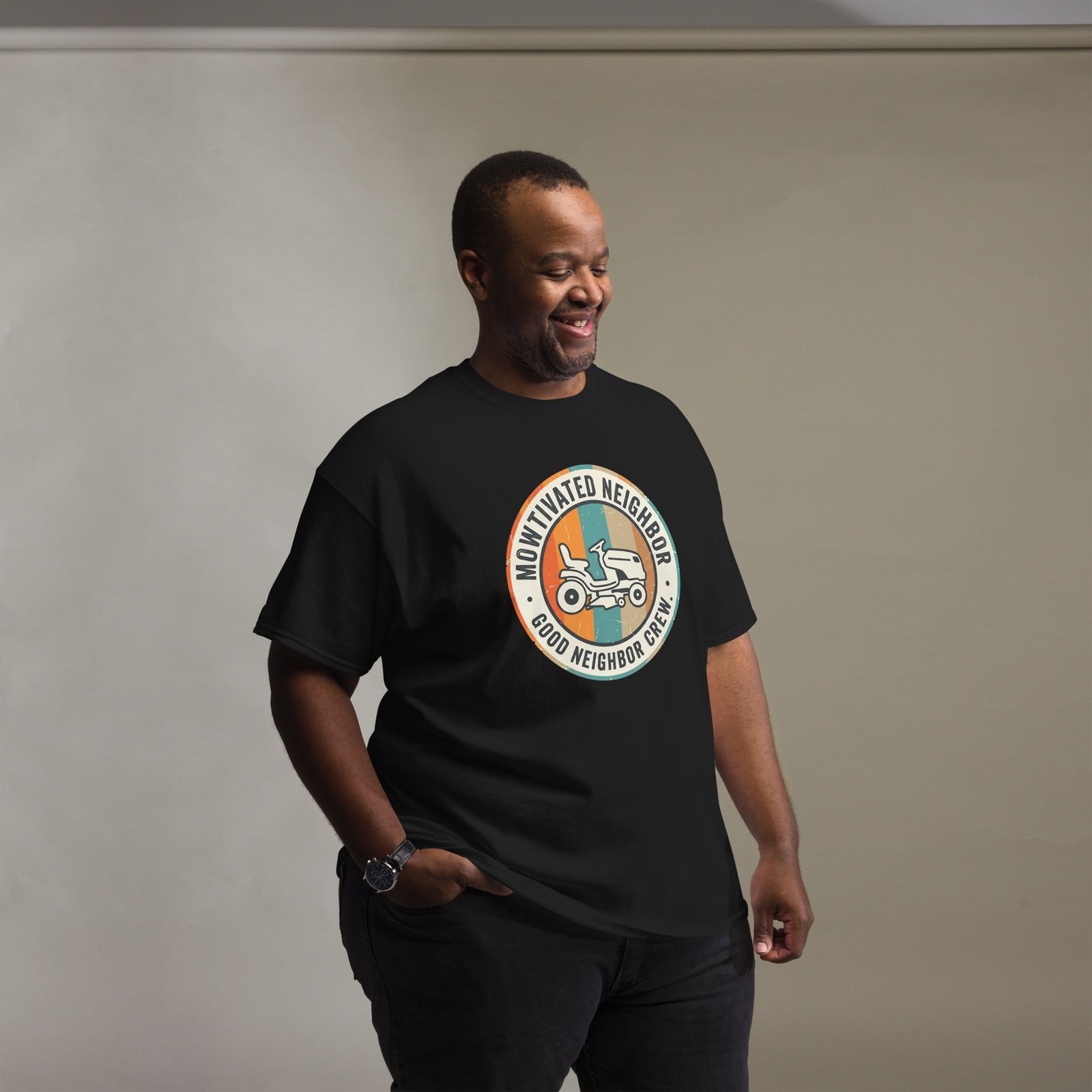 "Mowtivated Neighbor" Retro Badge Tee