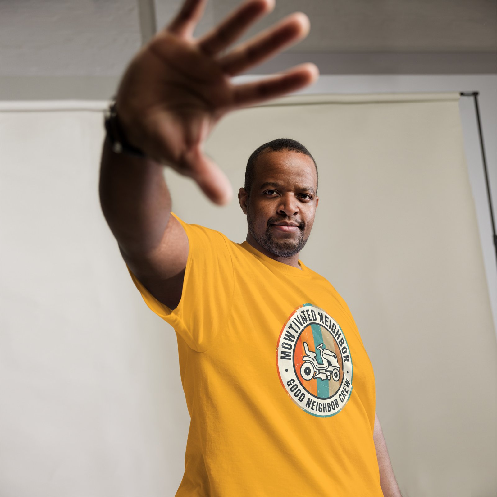 "Mowtivated Neighbor" Retro Badge Tee - Image 6