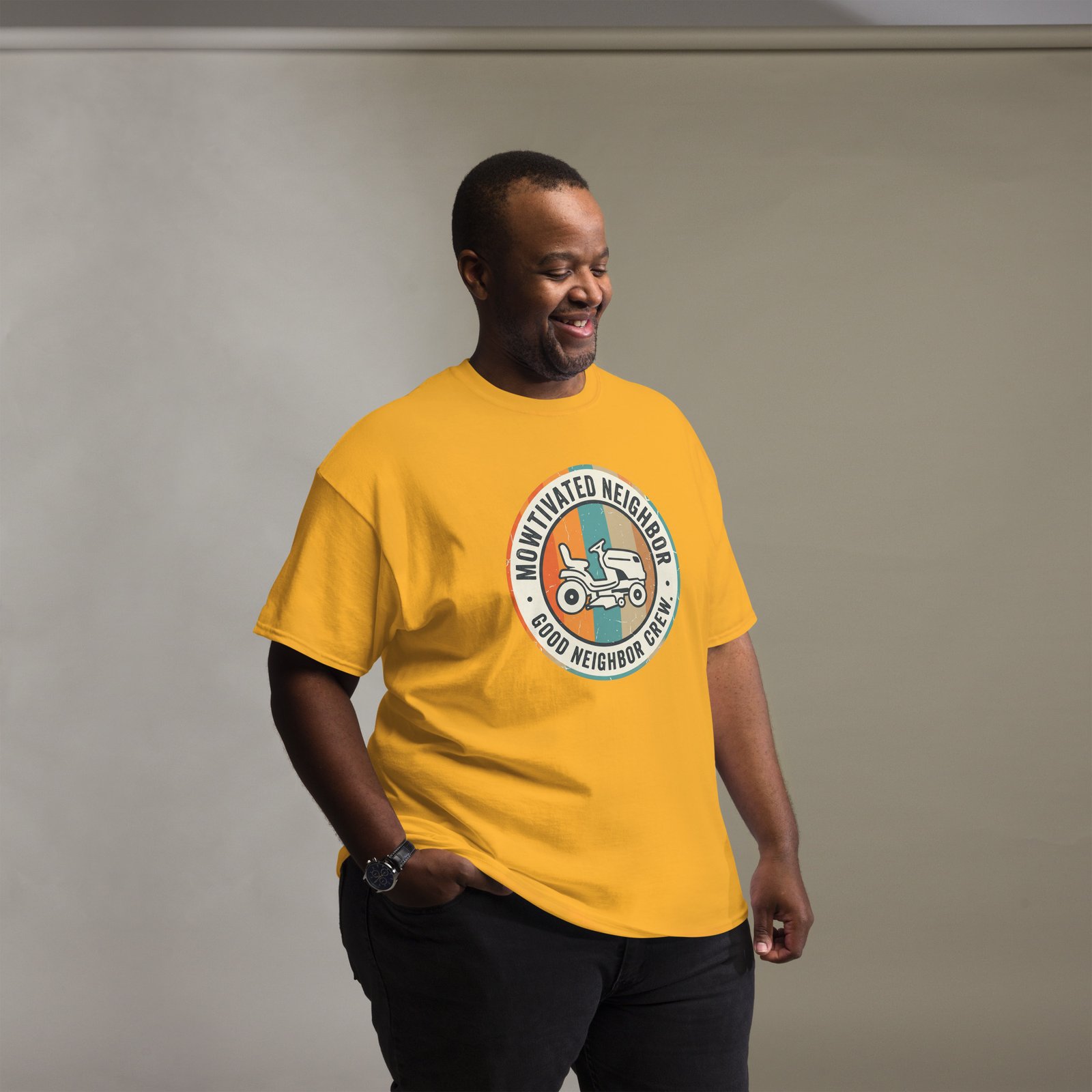"Mowtivated Neighbor" Retro Badge Tee - Image 5