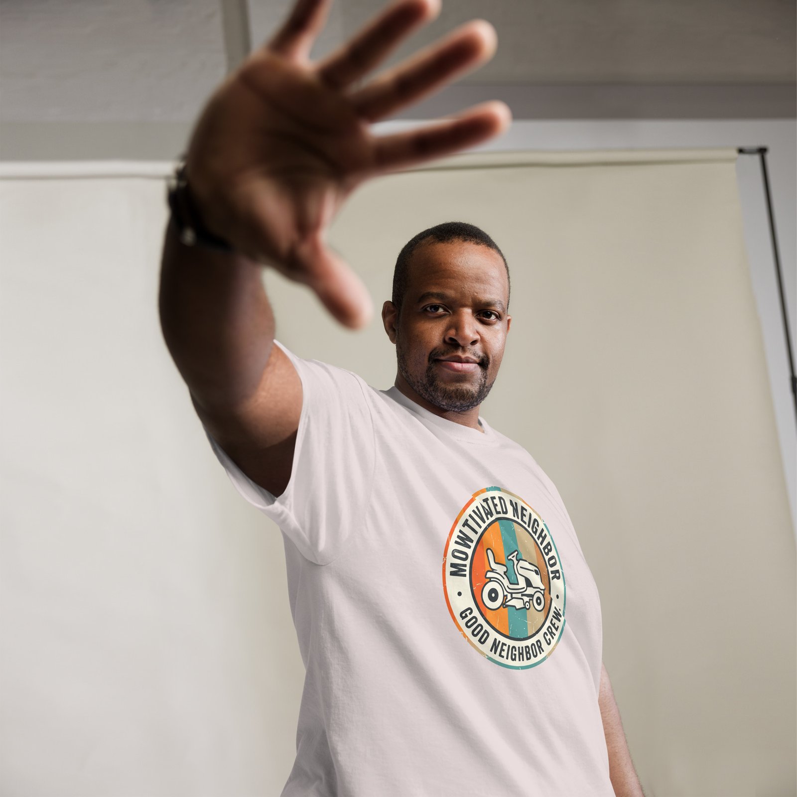 "Mowtivated Neighbor" Retro Badge Tee - Image 12