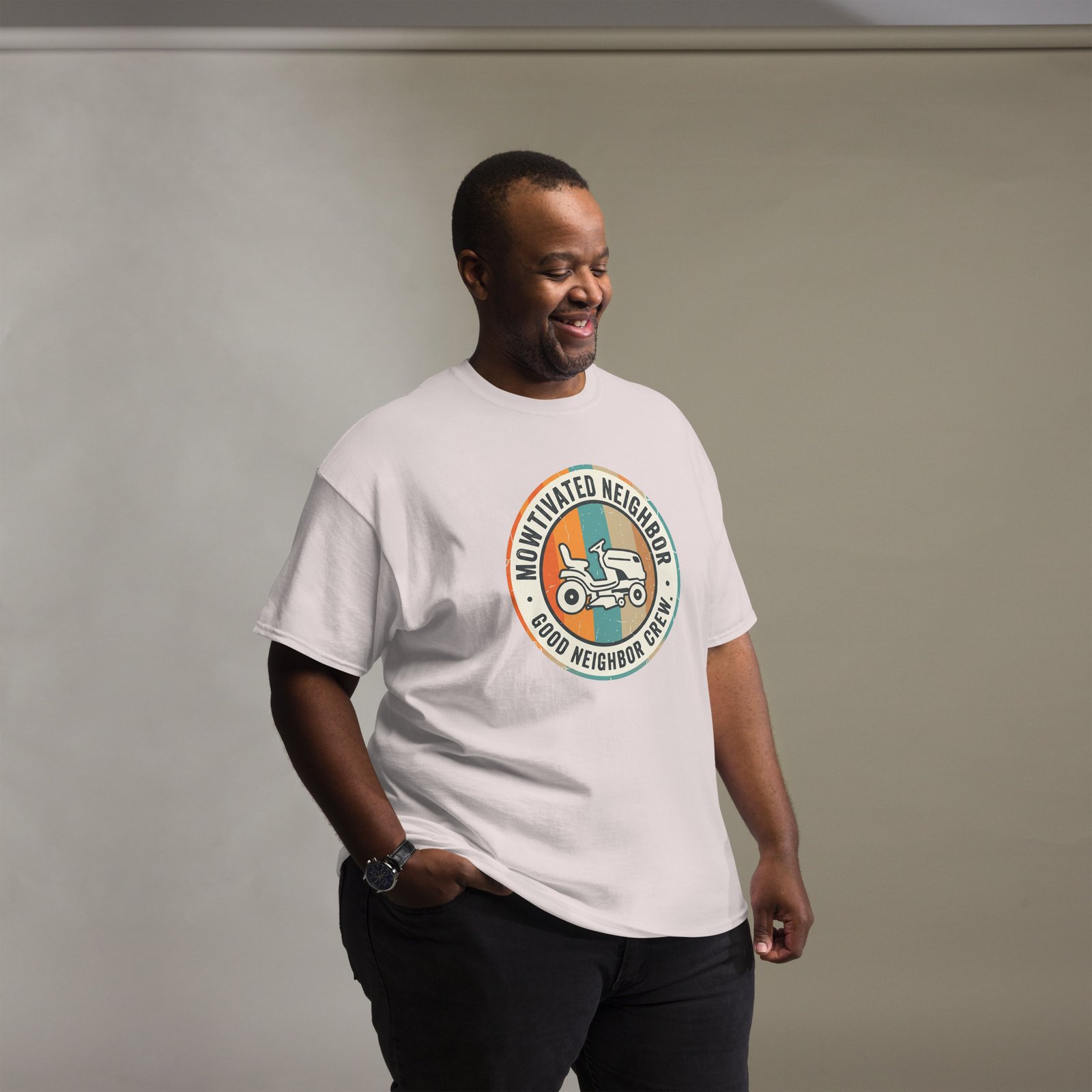 "Mowtivated Neighbor" Retro Badge Tee - Image 11