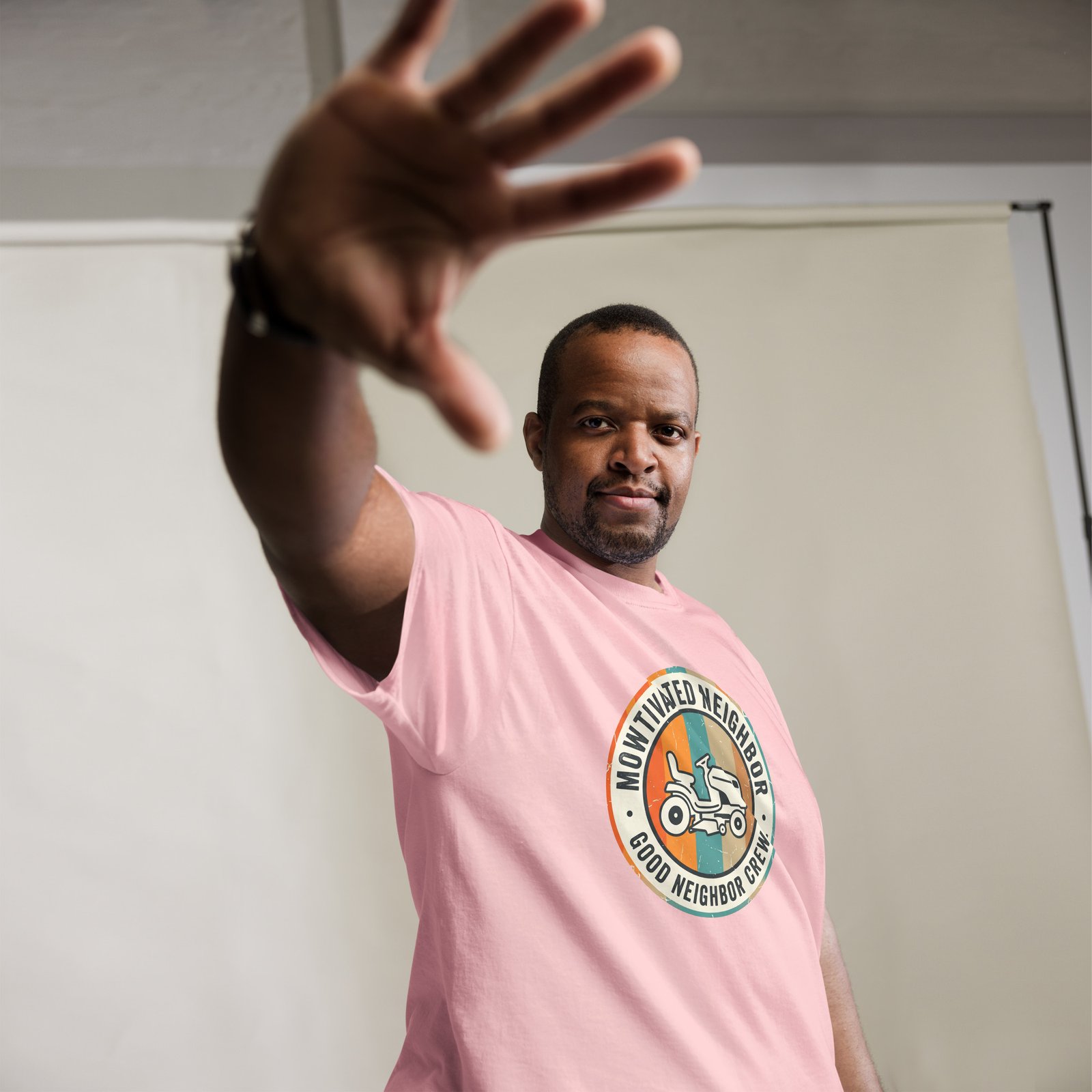 "Mowtivated Neighbor" Retro Badge Tee - Image 10