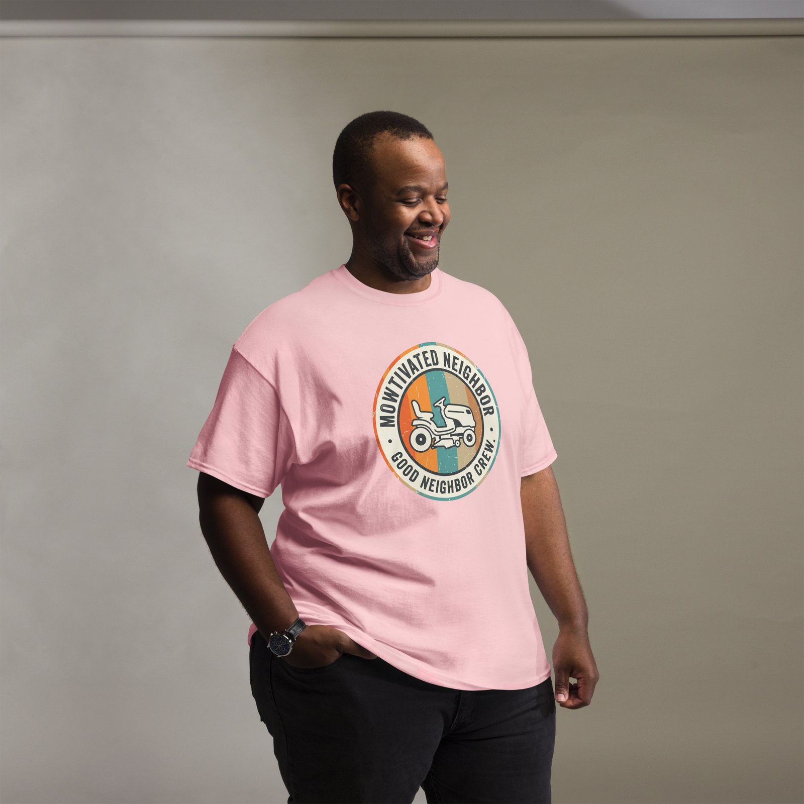 "Mowtivated Neighbor" Retro Badge Tee - Image 9