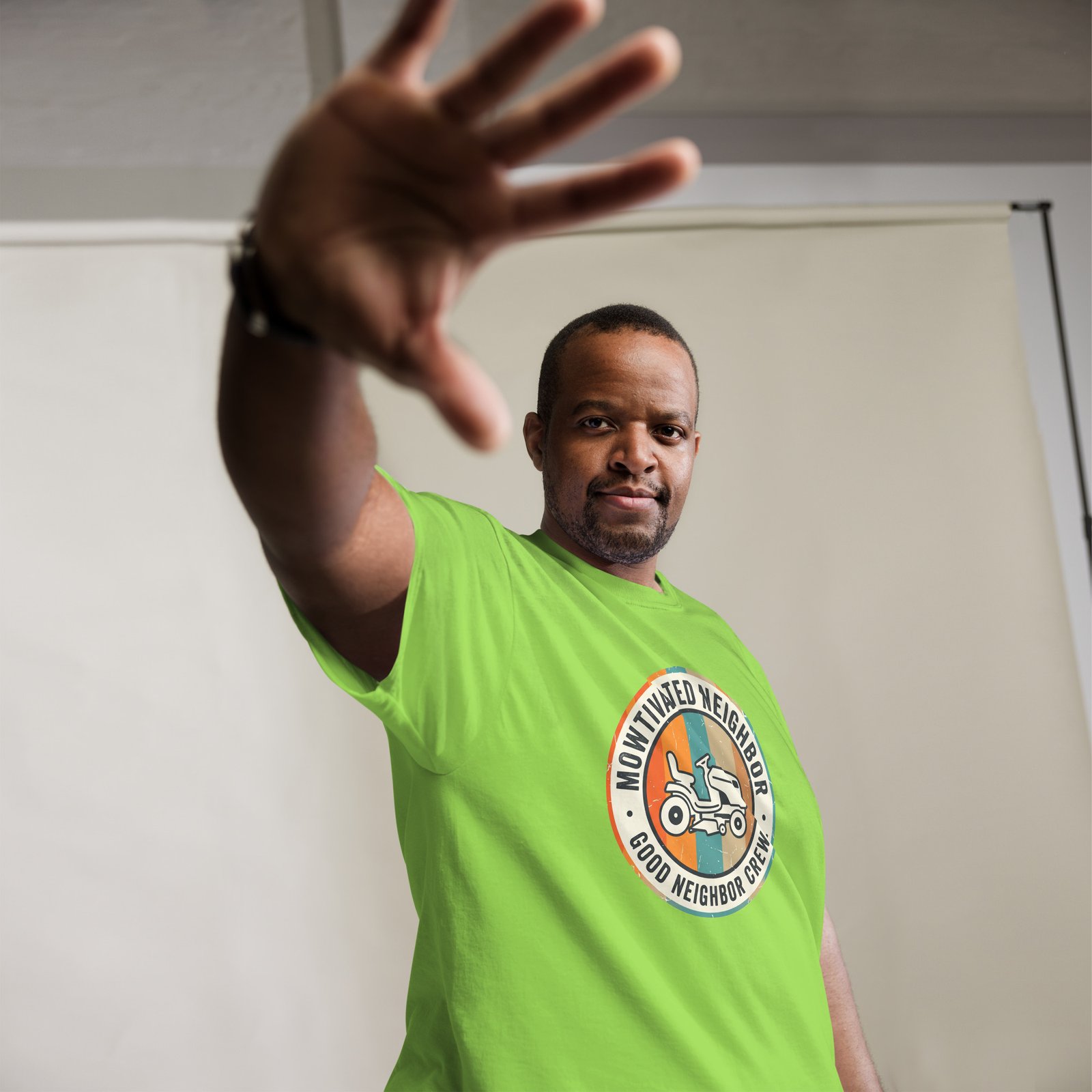 "Mowtivated Neighbor" Retro Badge Tee - Image 8