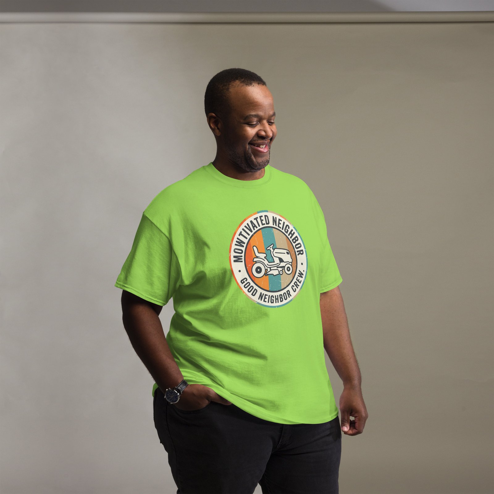 "Mowtivated Neighbor" Retro Badge Tee - Image 7