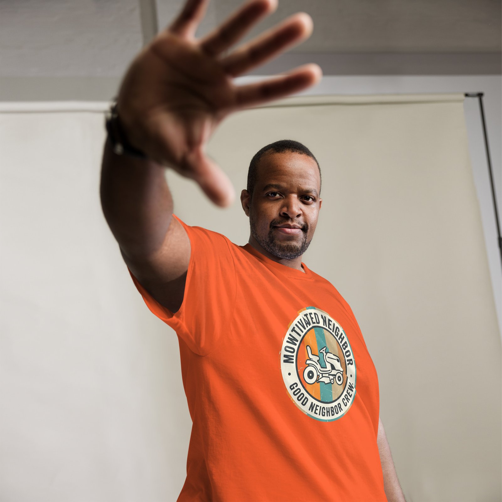 "Mowtivated Neighbor" Retro Badge Tee - Image 4