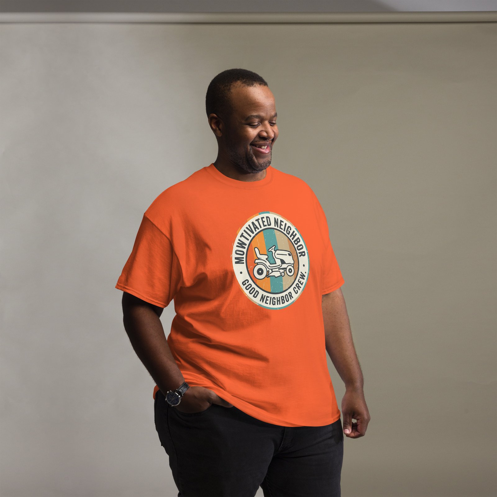 "Mowtivated Neighbor" Retro Badge Tee - Image 3