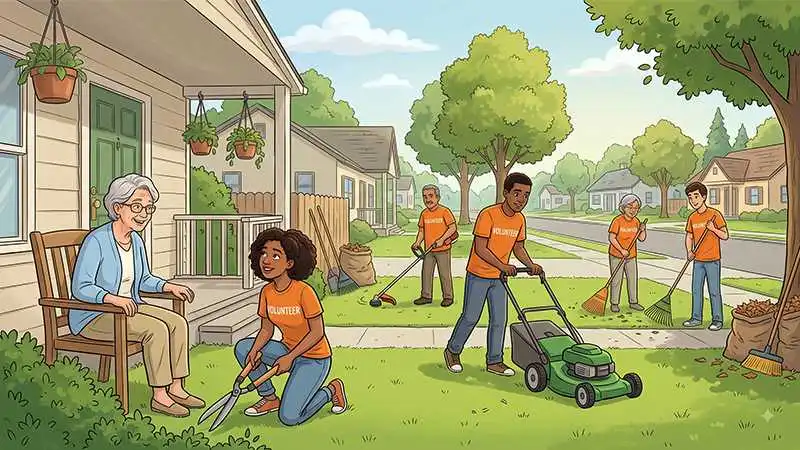 a heartwarming illustration showing a group of volunteers wearing orange shirts performing outdoor yard maintenance for an elderly woman sitting comfortably on her porch chair. in the foreground, a female volunteer kneels to trim bushes with garden shears while chatting with the homeowner, while another volunteer operates a green push lawn mower across the grass. in the background, team members rake fallen leaves, use a string trimmer, and collect yard debris into burlap sacks along a sunny suburban neighborhood sidewalk.